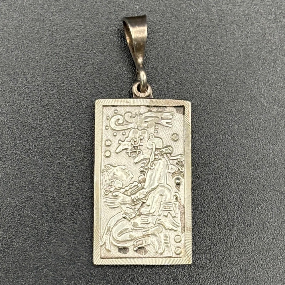 Vintage Mexican Sterling Silver Pendant Ceremonial Mayan Aztec Bas-Relief